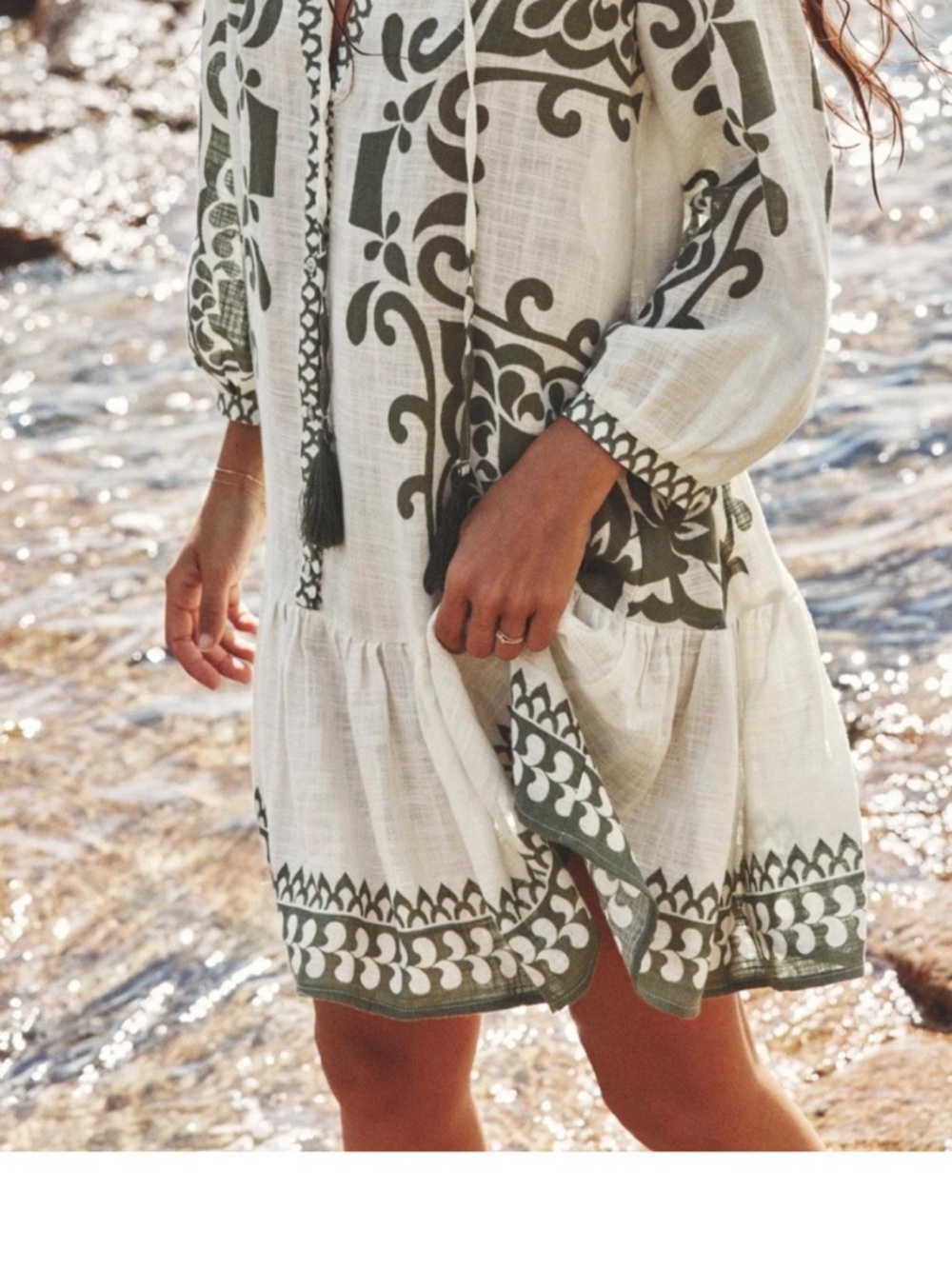 Zara White Cover-Up Tunic with Olive Green Print